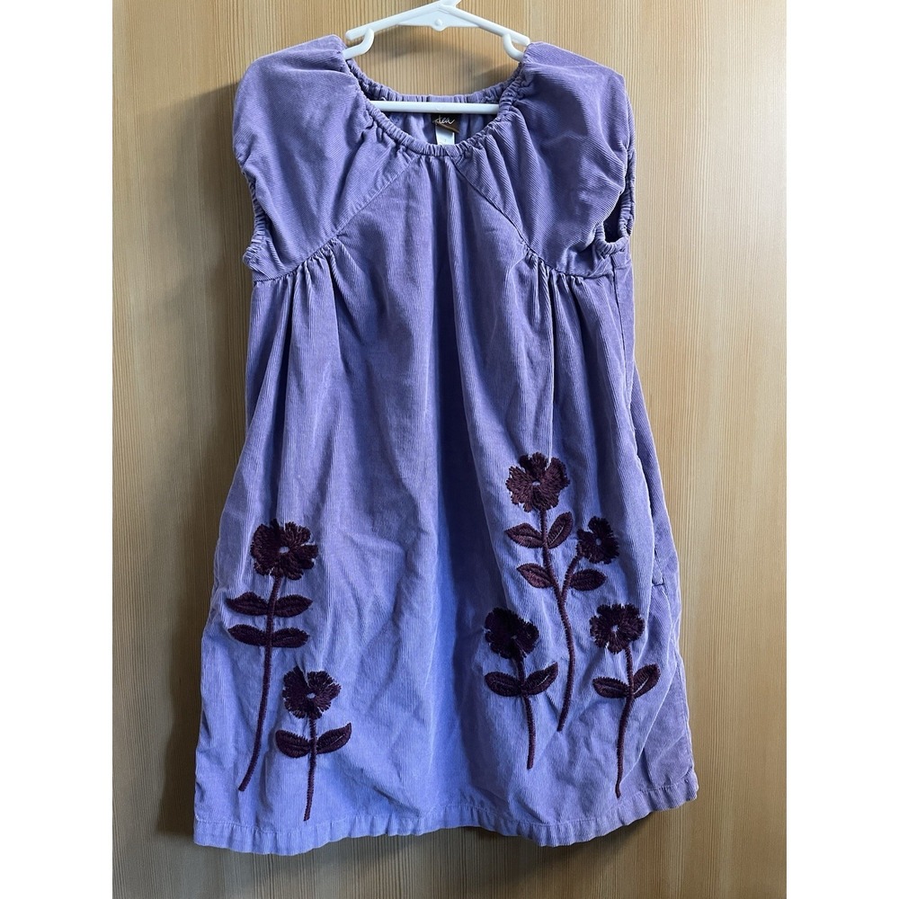 Tea Collection Girls Purple Corduroy Floral Embroidered A-Line Dress Size 7